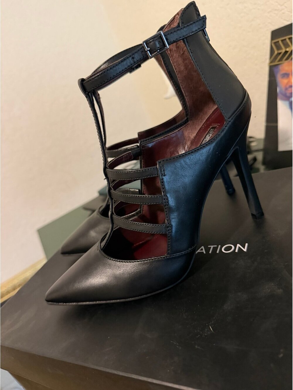 BCBGeneration Thatcher Black Leather Caged Heels Size 7M NIB